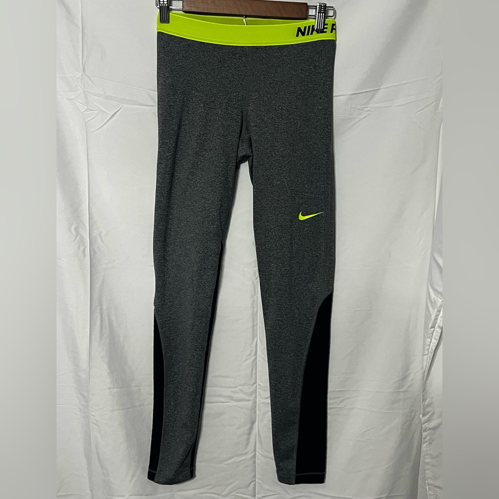 Nike Gray and Black Leggings with Neon Accents